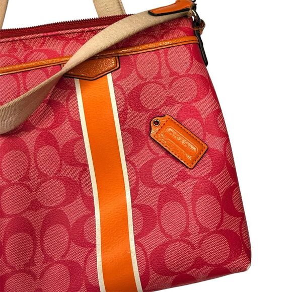Coach Signature Stripe Crossbody Bag Pink Orange Canvas Leather Trim - Picture 2 of 8